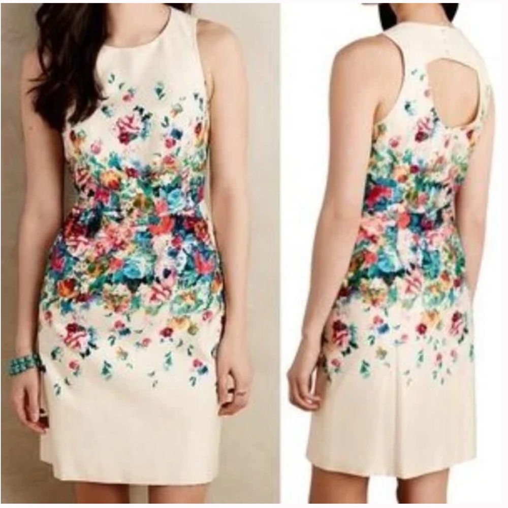 Anthropologie Maeve Tea Garden Sheath Dress Beige and Colorful Floral